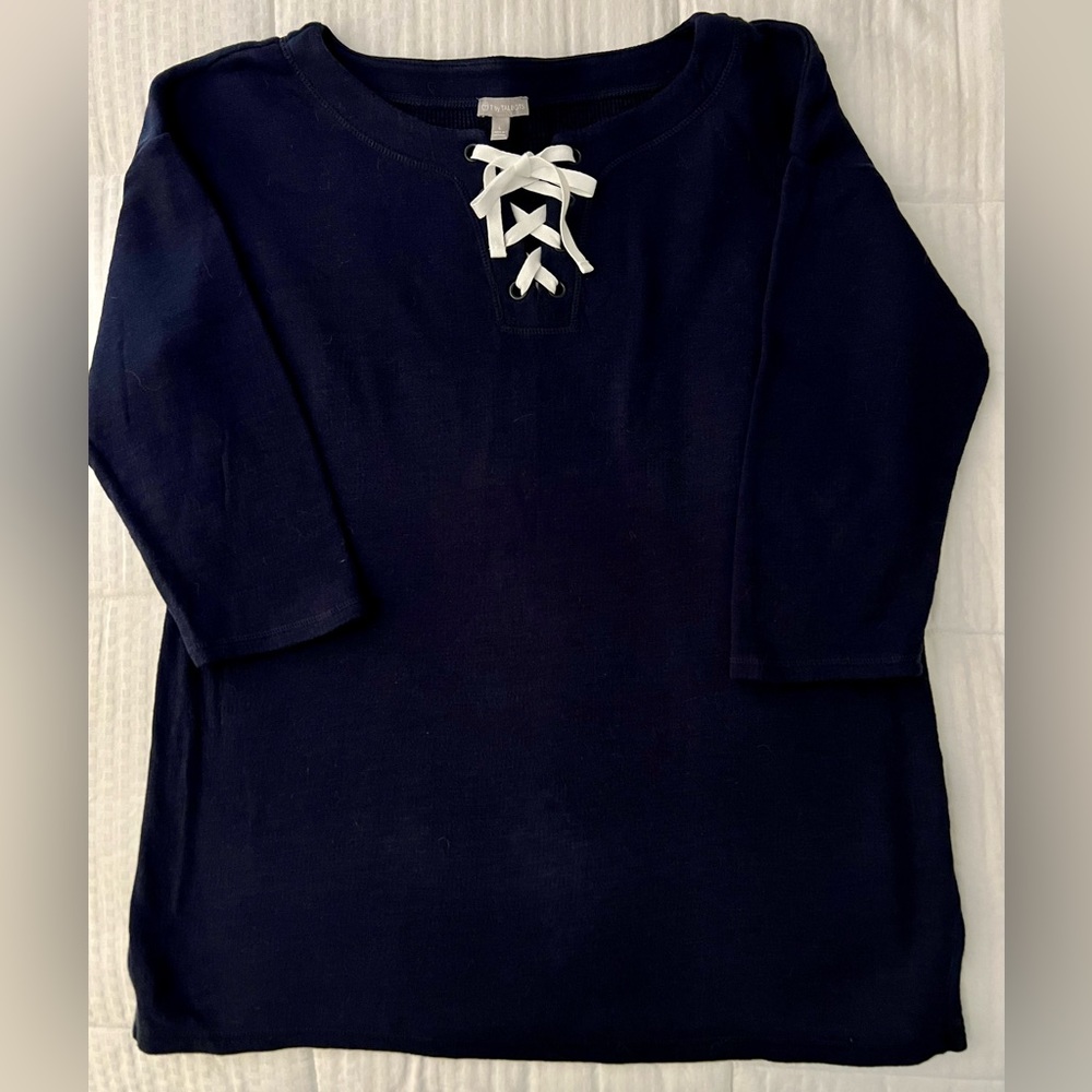 Talbots 100% cotton sweater. 3/4 sleeve navy blue with tie front Size L. EUC